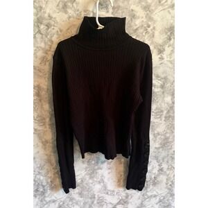 Zara Knit Women's Black Ribbed Mock Neck Sweater Long Sleeve Button Detail Small